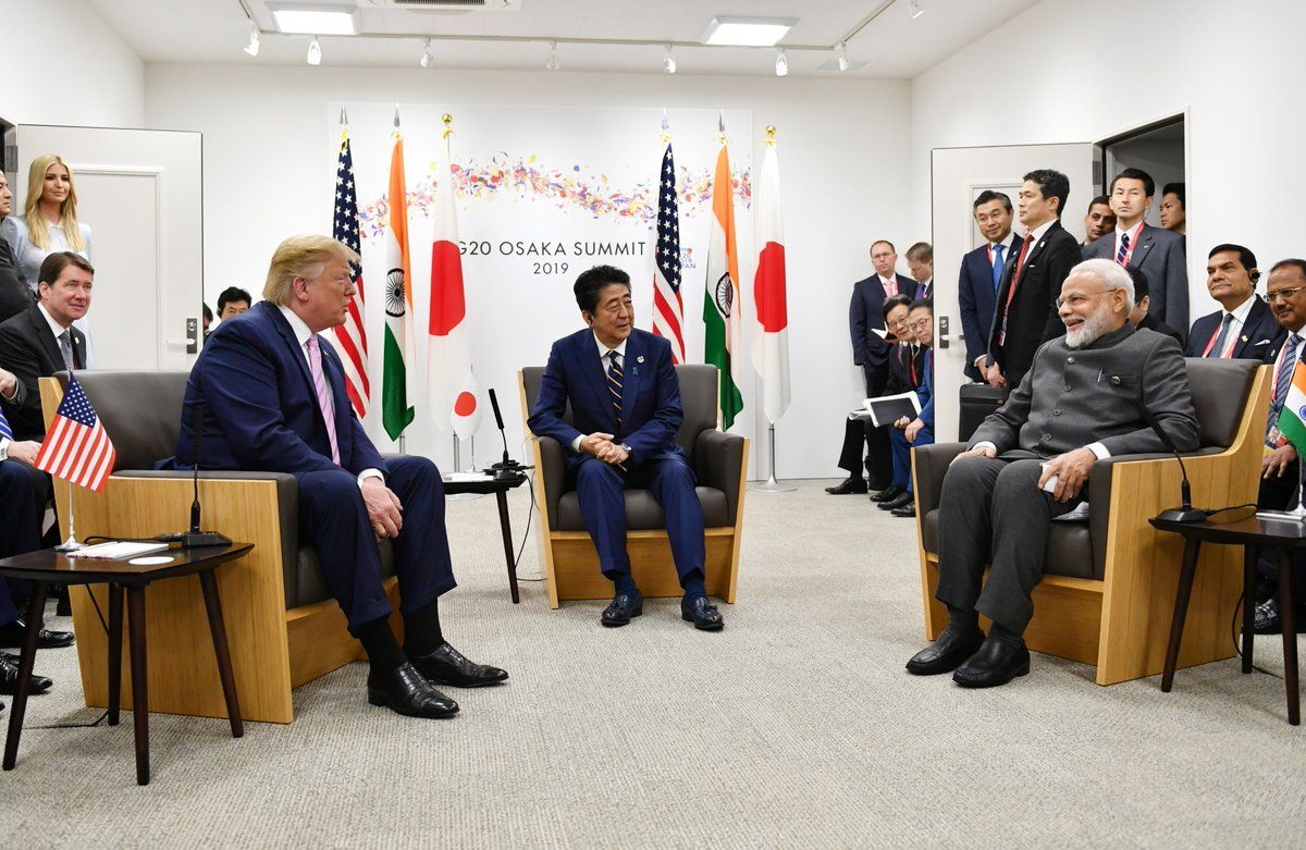 PeoplesGovIN's tweet photo. PM Shri Narendra Modi with PM of Japan Shinzō Abe and President of US Donald J. Trump in a Trilateral Meeting of JAI (Japan-America-India) on margins of #G20 Summit in Osaka, Japan. @narendramodi https://t.co/1rovrDIOxC
