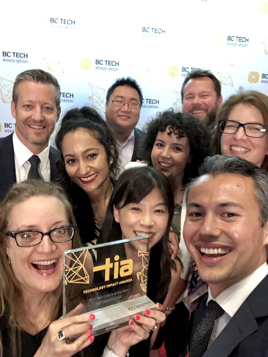 Super proud to stand with fantastic colleagues as winners of <a href="/wearebctech/">BC Tech Association</a>’s Tech Culture of the Year at the #2019TIAs! #lifeatSAP is truly the best. <a href="/LifeatSAP/">Life at SAP</a> #Bestjob