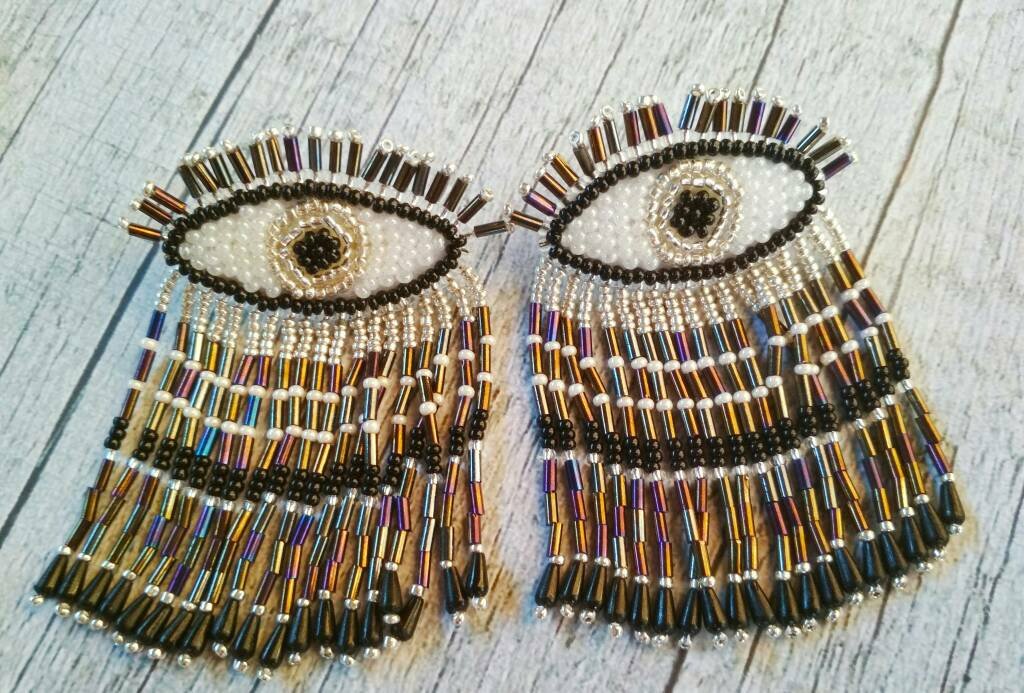 Excited to share the latest addition to my #etsy shop: Evil eye tassel earrings, Bead embroidered eye earrings, Evil eye jewelry, Statement large post earrings, Olivia style post earrings etsy.me/2Ym3rUI