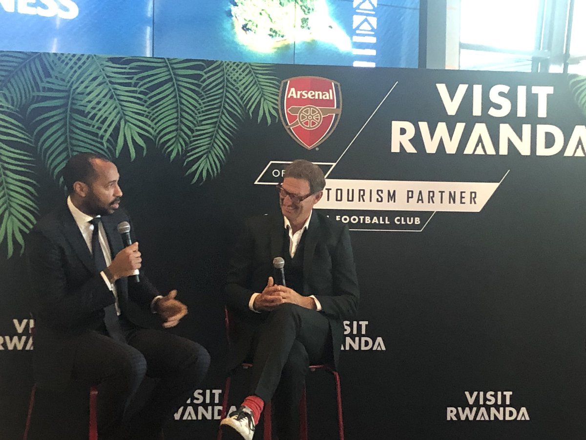 BeliseKariza's tweet photo. Such a fantastic evening with @visitrwanda_now and @Arsenal tonight in London to celebrate one year of the partnership and share the country's vibrant tourism and investment opportunities. Thanks @ThierryHenry &amp; @TonyAdams for being with us! https://t.co/pQKSKkXTEZ