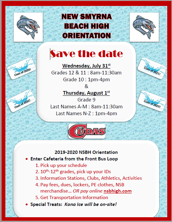 EleetaSue's tweet photo. Save The Date! NSBHS Orientation is right around the corner! #NSHSWhateverItTakes #CudaStrong @JenniferStach @T2tuff @jedoster https://t.co/JZQm5gWGF1
