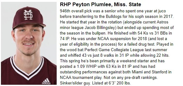 DellaTora's tweet image. Continuing our series on the @astros draftees who have signed/will sign with a look at 31st rounder Peyton Plumlee. #Astros #MLBDraft2019 @HailStateBB