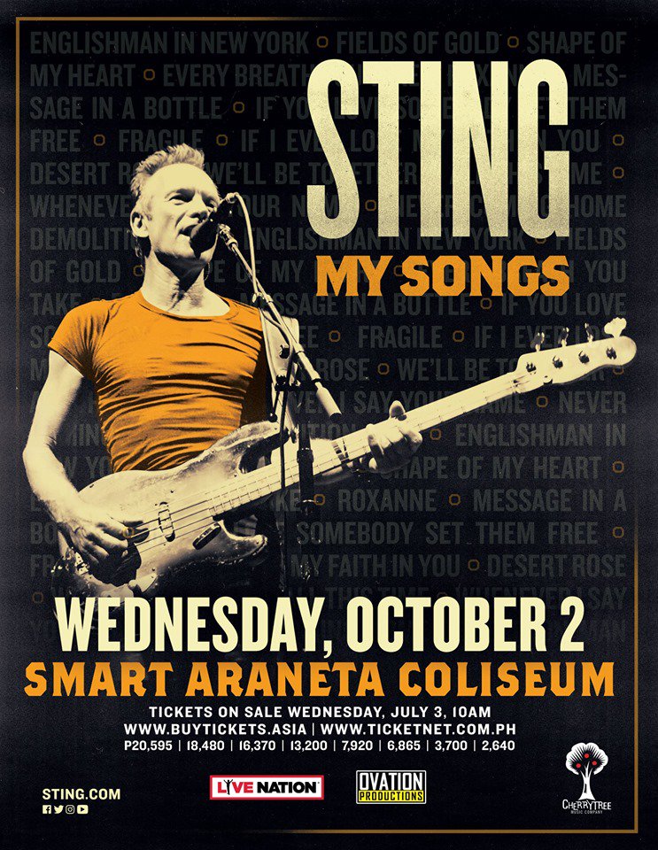 TheBigDome's tweet photo. 🚨 JUST ANNOUNCED 🚨
@OfficialSting : MY SONGS LIVE IN MANILA
OCTOBER 2, 2019
SMART ARANETA COLISEUM
Presented by @ovationprod!
#StingManila2019 #OVATION40 #SmartAranetaColiseum #ExperienceAraneta https://t.co/FdbOeWeS0U