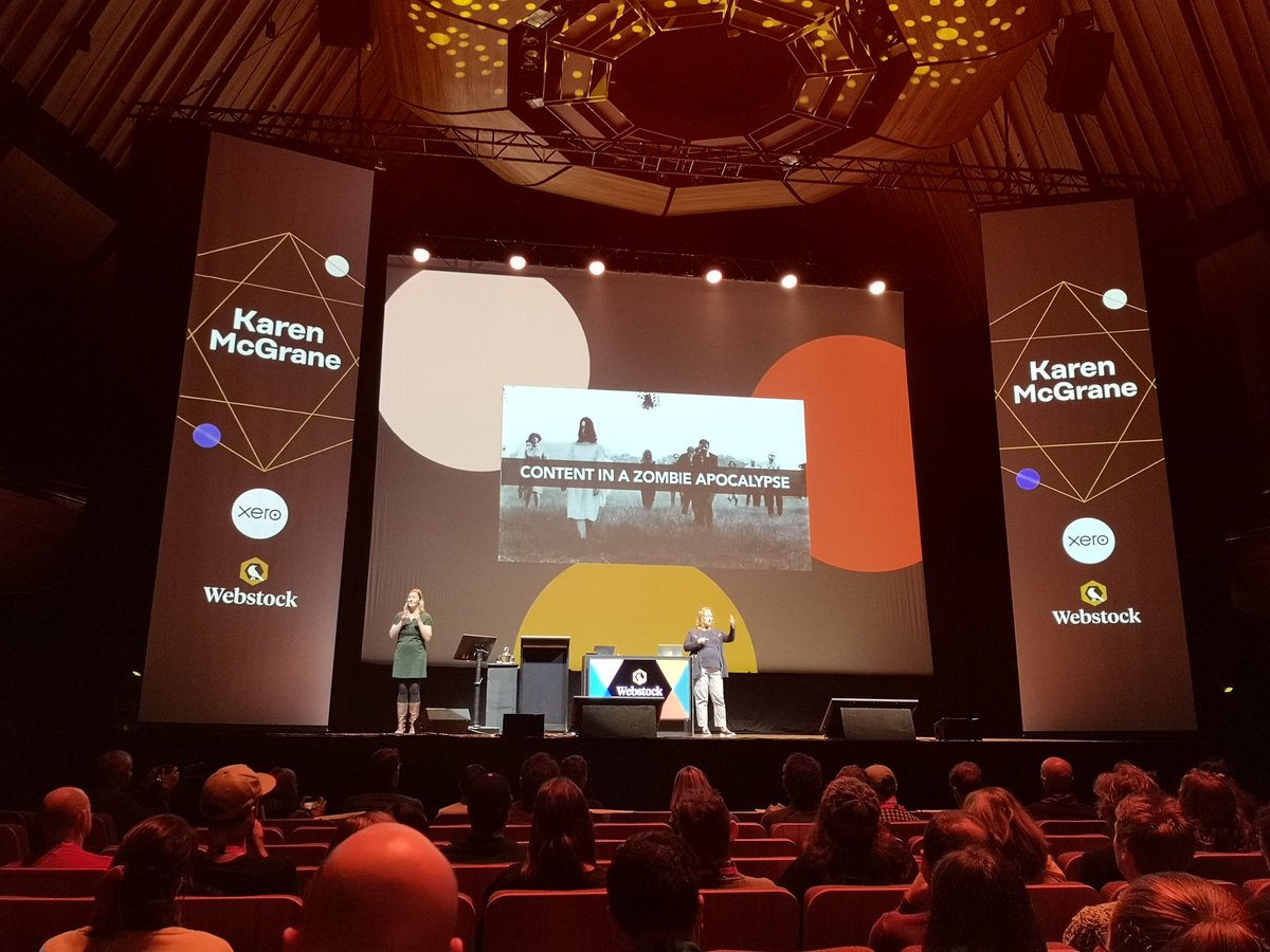 Enjoying my first NZ conference, <a href="/karenmcgrane/">Karen McGrane</a> on stage now talking adaptive content and zombies 🙌 #webstock19