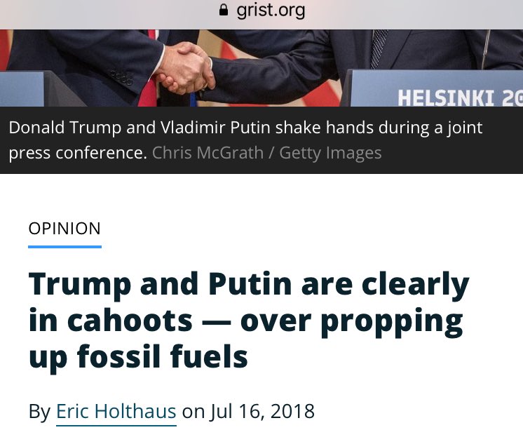 22/ So why would a nuclear-armed wreck of a nation put money behind a reality tv bozo. “There’s no way to understand Trump’s relationship with Russia without oil and climate politics—they’re likely colluding to destroy our planet’s climate system” https://grist.org/article/trump-and-putin-are-clearly-in-cahoots-over-propping-up-fossil-fuels/  @grist