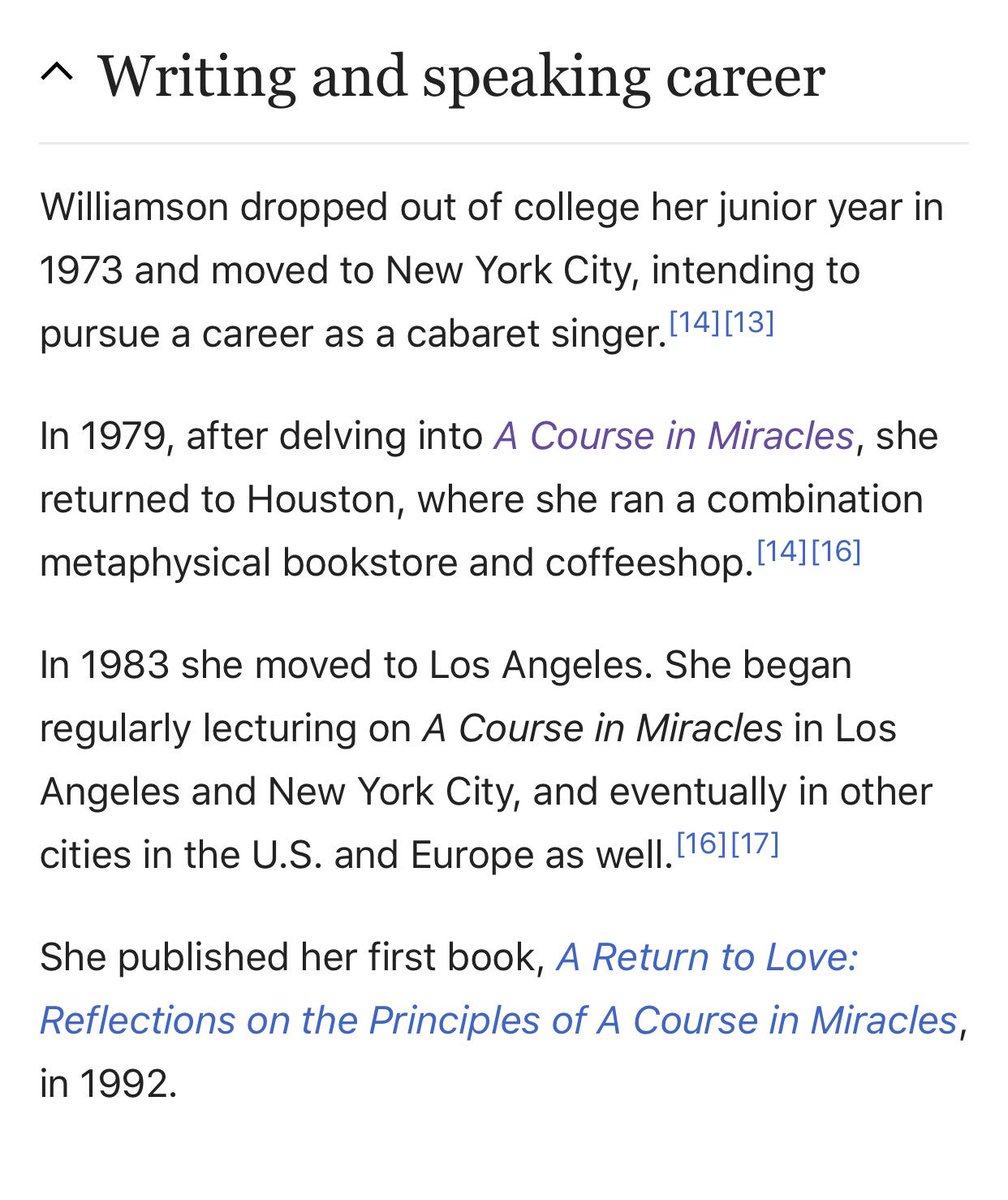 linzsports's tweet photo. Every single part of Marianne Williamson’s wiki is exactly what I expected it to be and I am so happy. https://t.co/33pZyX6Zxi