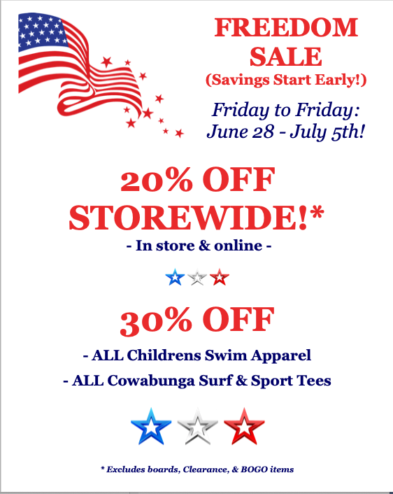 CowabungaSurf's tweet photo. FREEDOM SALE: 20% OFF STOREWIDE + More!  Camp spots still open for July 1 - 5.  We will be having a full day of fun on July 4th as well!  Check it out at https://t.co/7c4hPRFMi6! https://t.co/QFVvPIfCRS https://t.co/KuSGf7i2gG
