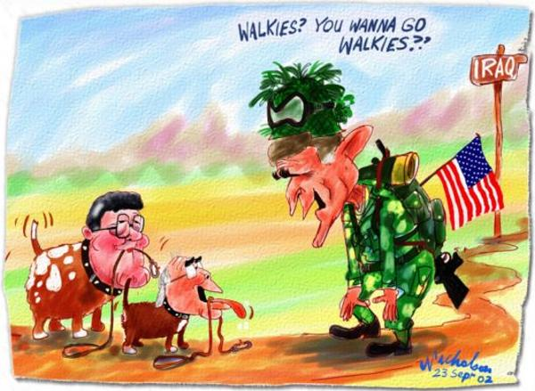 ricklevy67's tweet photo. via @moir_alan is #DejaVu @ScottMorrisonMP Follows @realDonaldTrump in to a #WarWithIraq just as John Howard followed @GWBush into the #IranWar , Thanls to @randlight #auspol https://t.co/lXvGreWZSe