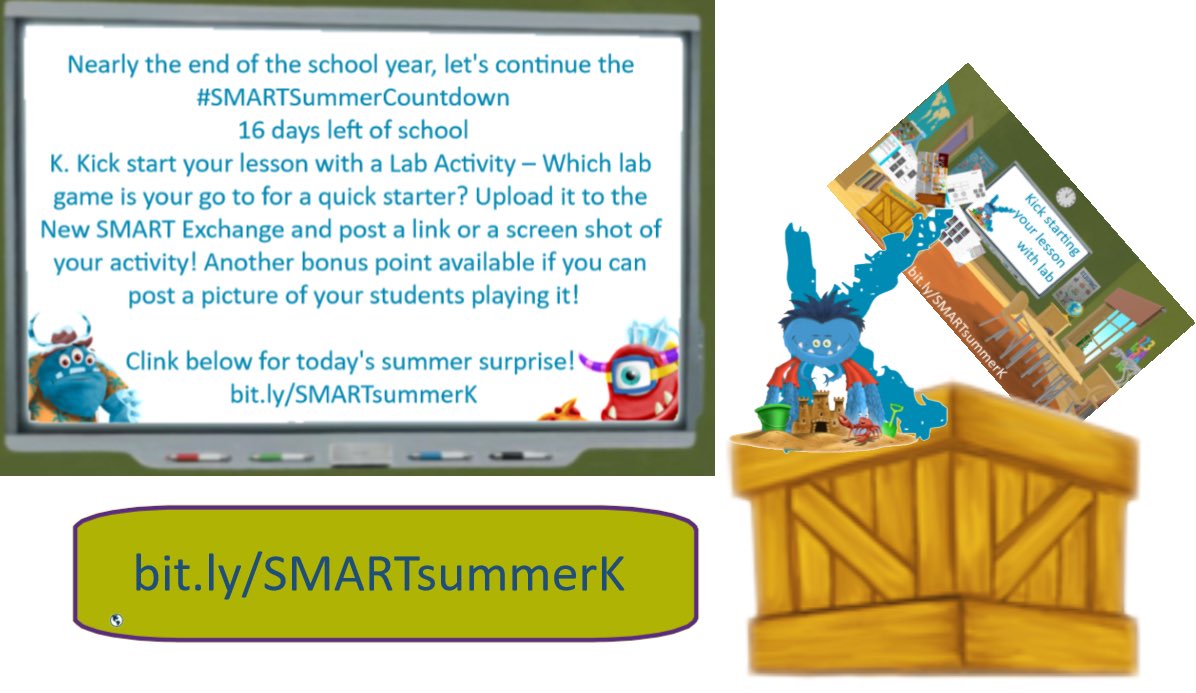 SMARTukconnect's tweet photo. #SMARTSummerCountdown
16 days left of school
K. Kick start your lesson with a Lab Activity – Which lab game is your go to for a quick starter? Upload it to the New SMART Exchange and post a link or a screen shot of your activity!
https://t.co/eRQFBuJCfY https://t.co/gFcneTK9Gu