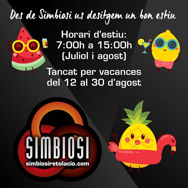 SIMBIOSIretols's tweet photo. Ja tenim l'estiu aquí! A Simbiosi canviem l'horari els mesos de juliol i agost per oferir un millor servei. Tindrem tancat per vacances del 12 al 30 d'agost.
Molt bon estiu a tots!! https://t.co/OyqsJlxSyJ
