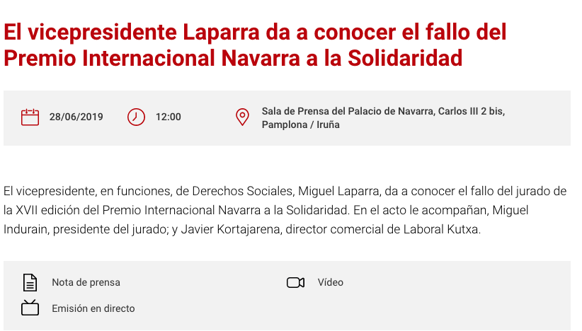 HOY se falla el XVII Premio Internacional 'Navarra' a la Solidaridad. Puedes seguir la rueda de prensa en directo a partir de las 12h en: navarra.es/es/convocatori… ¡Mucha suerte a todos los candidatos y candidatas!