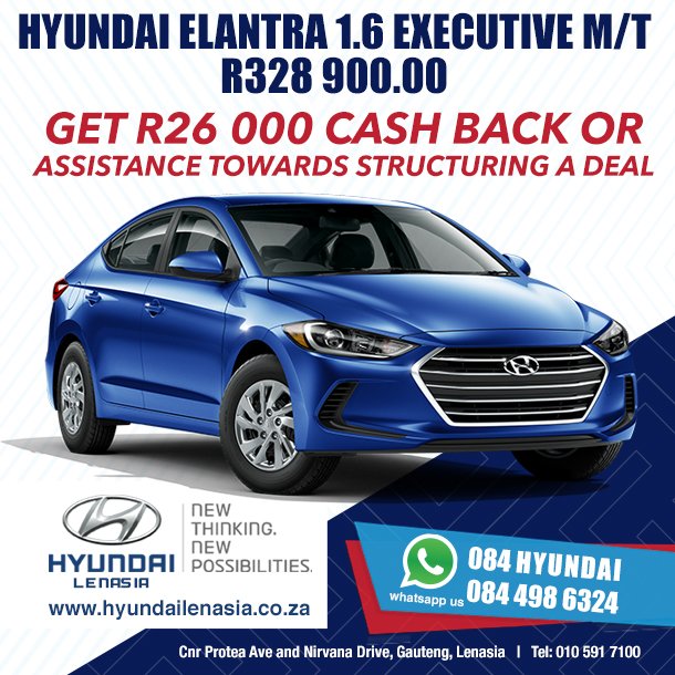 HyundaiLenasia's tweet photo. Hyundai Elantra 1.6 Executive M/T
R328 900.00 
Get R26 000 cash back or assistance towards structuring a deal .

WhatsApp us 084 HYUNDAI / 084 498 6324
Follow the link to contact us: https://t.co/dW9opHYlc6
#hyundai #hyundailife #hyundailove #newcar#elantra https://t.co/kgjcDriIEO