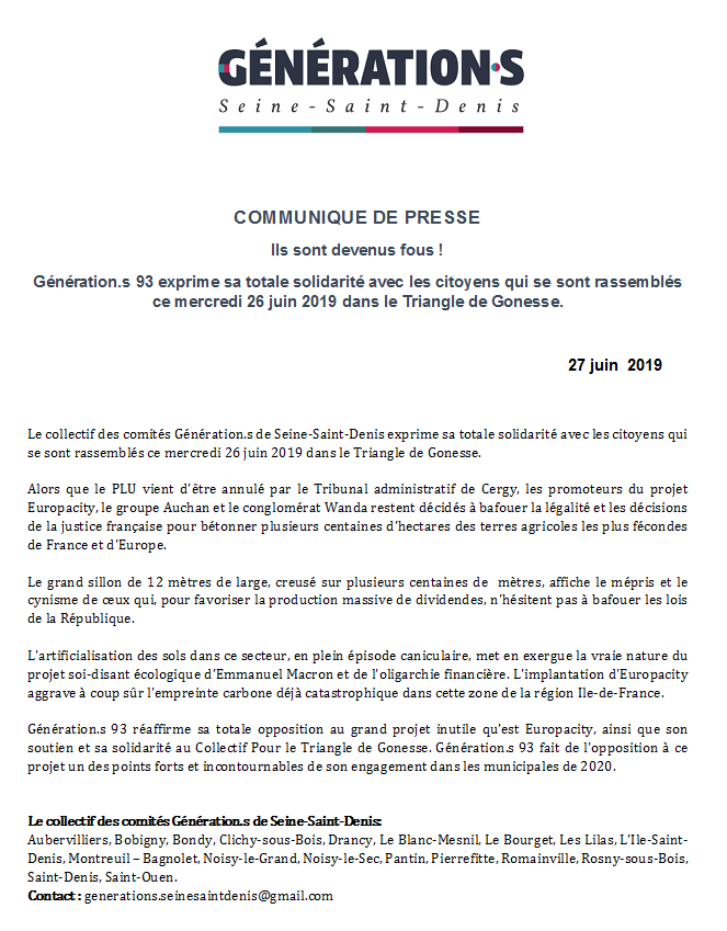 Generations_SSD's tweet photo. Le collectif des comités Générations de Seine-Saint-Denis exprime sa totale solidarité avec les citoyens qui se sont rassemblés le 26 juin pour empêcher les travaux sur le triangle de Gonesse. Nous réaffirmons notre opposition au projet d'artificialisation des sols d'#Europacity. https://t.co/e3GOn15Fzr