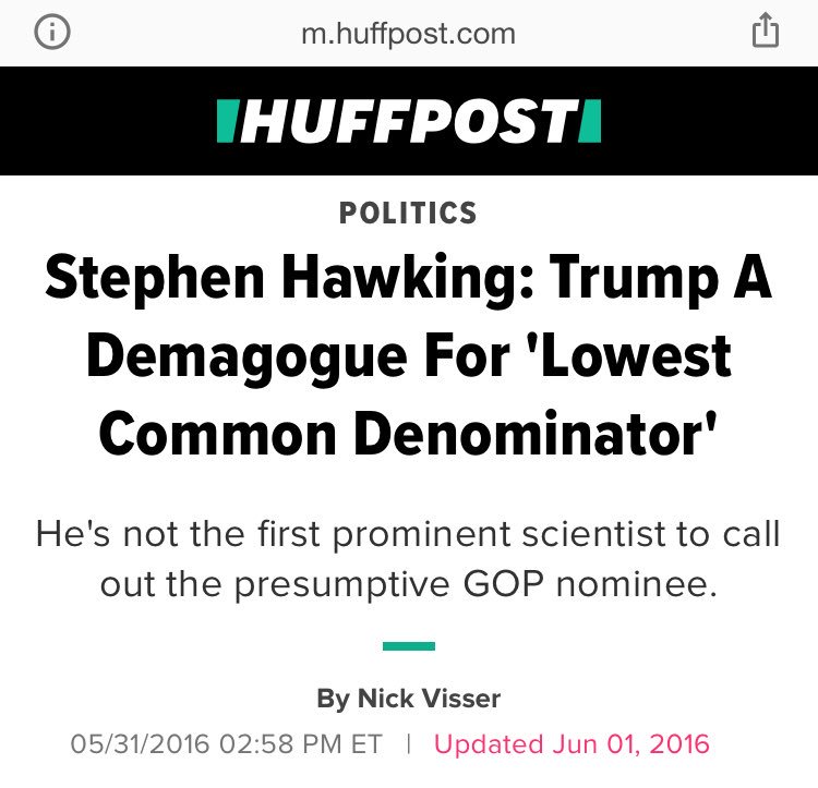 45/ So with all the money—foreign and domestic—propping up a real fake president* and his science denier hacks—useful idiots for energy interests—what’s our strategy to give em the boot. The cult of TrumPutin will not go gently into that dark night. https://www.huffpost.com/entry/stephen-hawking-trump_n_574cf2cae4b055bb11729103