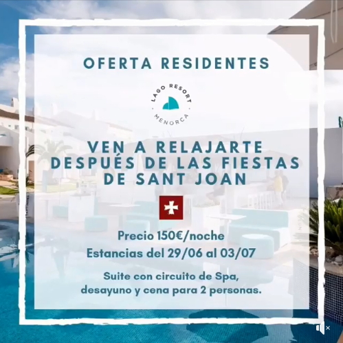 LagoResortMe's tweet photo. Oferta residentes!!! Relájate después de las fiestas de #SantJoan de #Ciutatella #Menorca

👉🏻Suite+Spa +desayuno+cena para 2 personas
👉🏻Precio 150€/noche 
Estancias del 29/06 al 03/07
Reservas: reservas@lagoresortmenrca.com o 971387831 https://t.co/rNAdZ9L8AE