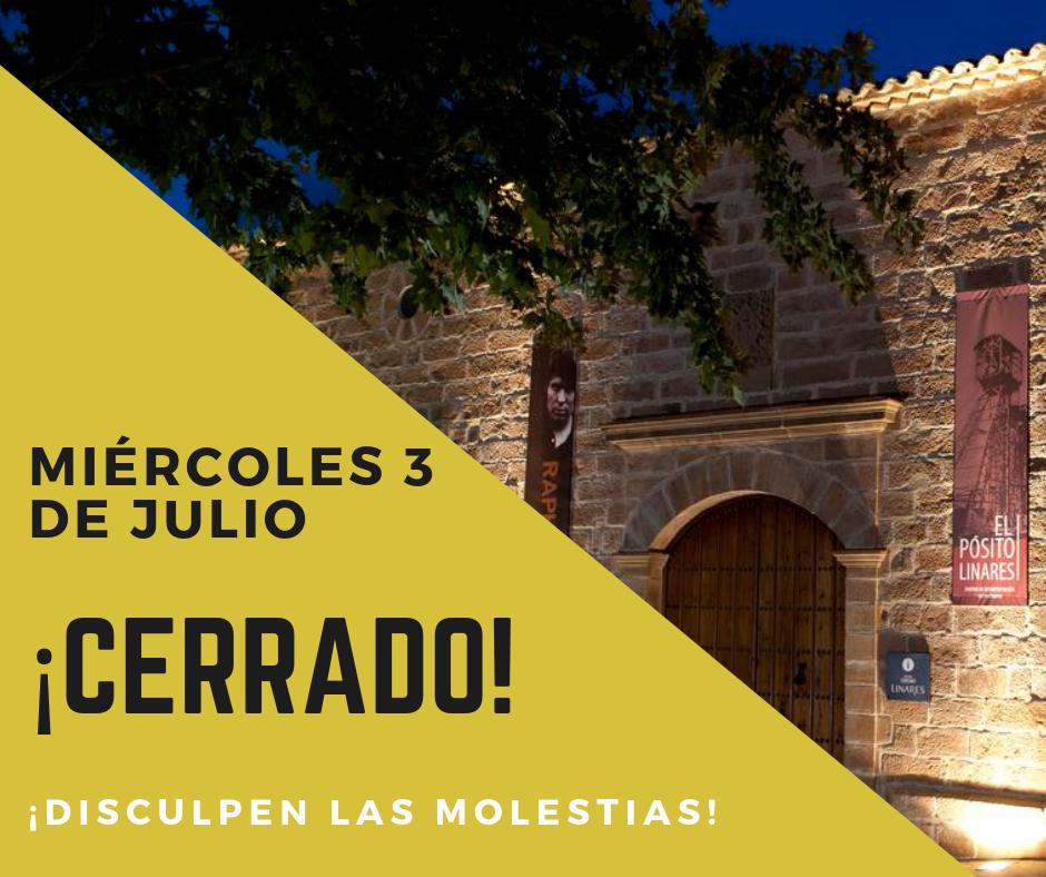 Museo de Raphael (@museoraphael) on Twitter photo ⚠️A T E N C I Ó N‼️
Por motivos de mantenimiento periódico anual del <a href="/PositodeLinares/">El Pósito de Linares</a>, el Museo Raphael y el Centro de Interpretación de Linares permanecerán cerrados durante todo el miércoles 3 de julio.
¡Os esperamos tras esto!
Disculpen las molestias☺️
#MuseoRaphael ⚠️A T E N C I Ó N‼️
Por motivos de mantenimiento periódico anual del <a href="/PositodeLinares/">El Pósito de Linares</a>, el Museo Raphael y el Centro de Interpretación de Linares permanecerán cerrados durante todo el miércoles 3 de julio.
¡Os esperamos tras esto!
Disculpen las molestias☺️
#MuseoRaphael