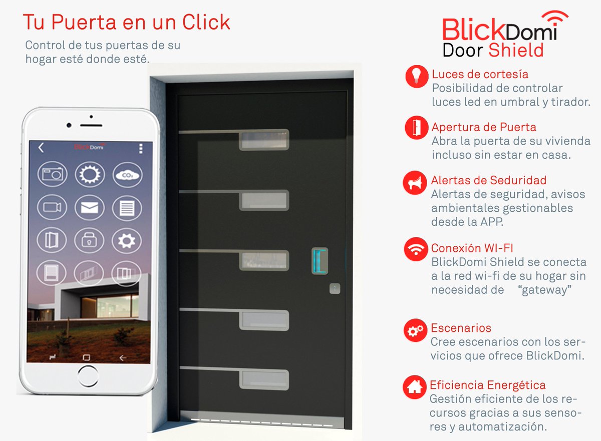 Con BlickDomi podrás convertir tu puerta, en una puerta inteligente, gracias a sus alarmas, sensores ambientales y el control de cerradura electrónica. De esta manera podrás abrir la puerta a un familiar, sin estar en casa. #IoT #Puerta #Ventanas