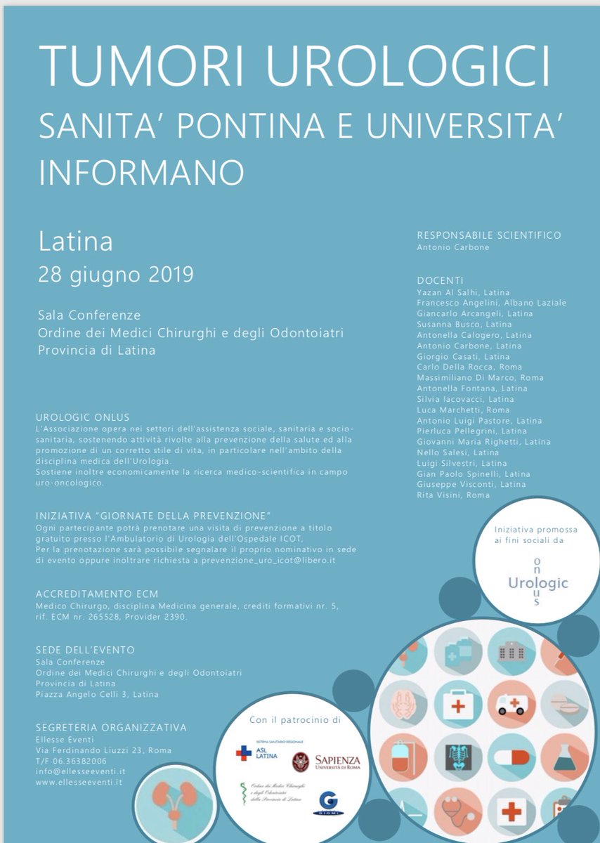 CAMPAGNA DI PREVENZIONE SUI TUMORI UROLOGICI.
Oggi, in terra pontina, diamo inizio ad una campagna di prevenzione sui tumori urologici con un meeting informativo e scientifico