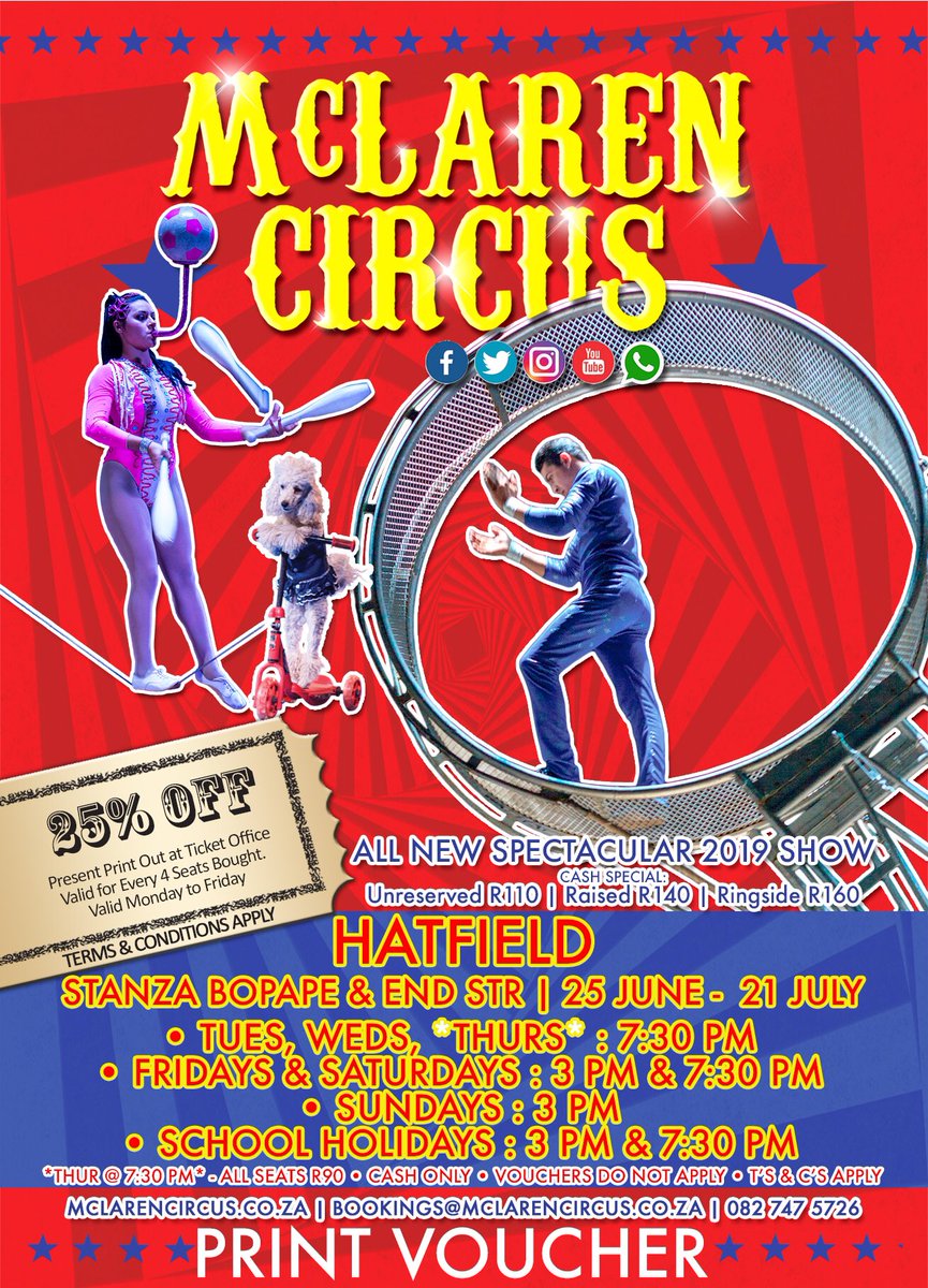 mclarenscircus's tweet photo. Don't miss #McLarenCircus Amazing Show at #Hatfield in #Tshwane until Sun 21 July #Baviaanspoort #Equestria #FaerieGlen #HalfwayHouse #Laudium #MoreletaPark #Rayton #Roodeplaat #Shere #Silverton #Sinoville #Sunnyside #Trevenna #Zambezi #Zonderwater Visit @mclarenscircus No1 πͺπΆ https://t.co/YOcJp1cuaF