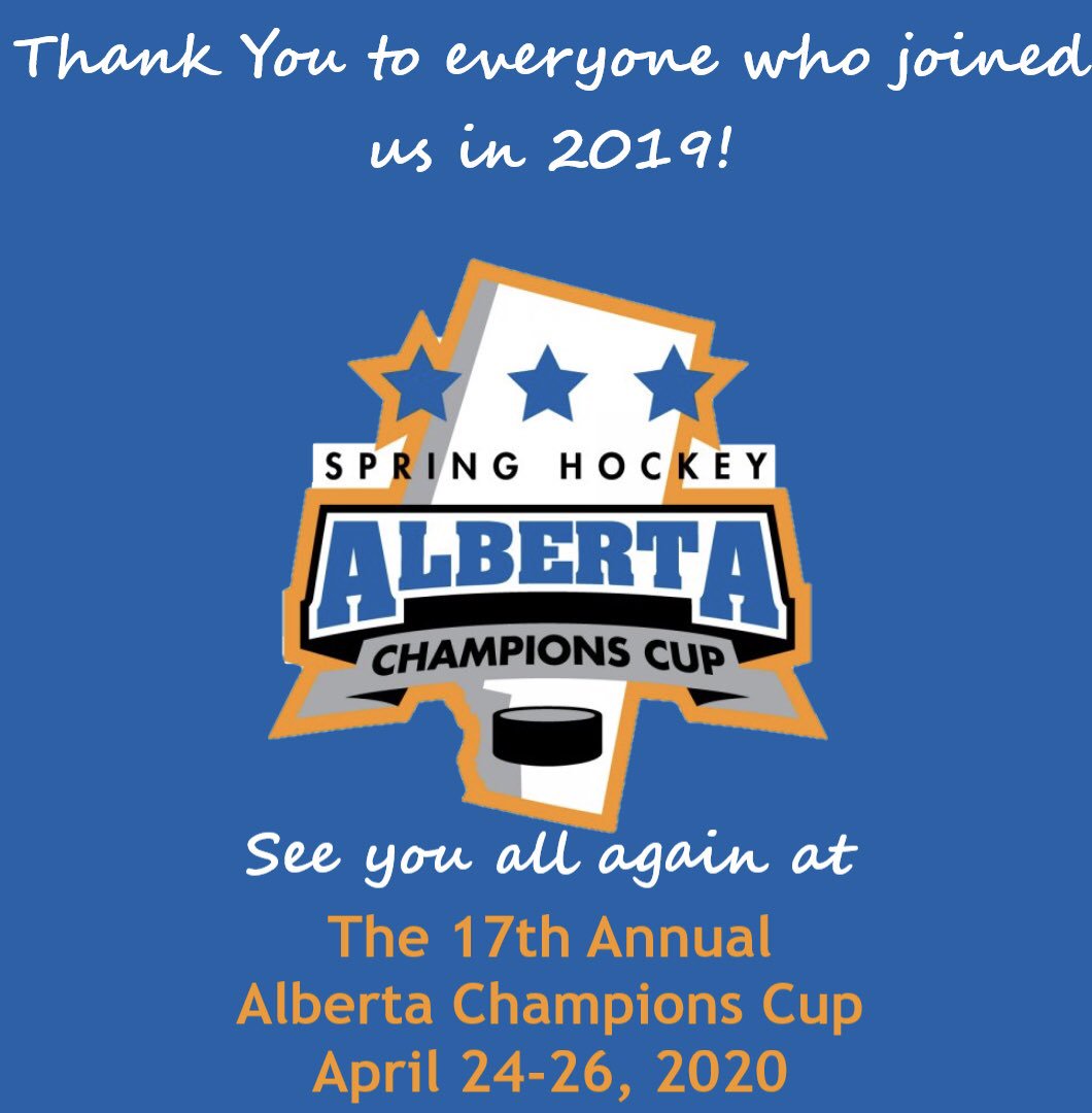ABChampionsCup's tweet photo. To all the players, parents, coaches, sponsors and friends who joined us in 2019 - Thank you!

See you next year at the 17th Annual Alberta Champions Cup | April 24-26, 2020

#ThankYou #ABChampionsCup #Hockey #SpringHockey #HockeyLife #HockeyTournament #SpringTournament #ACC2020 https://t.co/m0LpYDm0G2