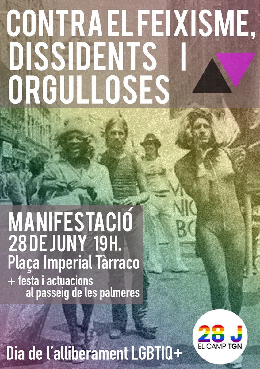 EstradaLaia's tweet photo. A #Tarragona i arreu, mig segle després de la rebel·lió d'Stonewall,
omplim els carrers de llibertat, perquè #OrgullÉsRevolta!
19h, Pl. Imperial Tarraco, MANIFESTACIÓ organitzada per @28JCamp
#28J Dia de l'alliberament #LGTBIQ 
https://t.co/dQzx9monOH https://t.co/HMMQeOAs9W
