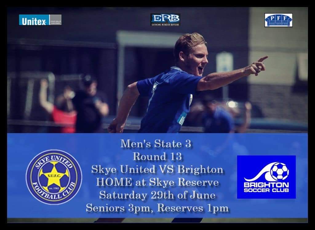 SENIOR MENS|

This week both our men’s and women’s team play hosts to Brighton!

The seniors will be looking to continue on with their good form after a massive win against Whitehorse last week.

Seniors 3pm
Ressies 1pm

Goodluck lads !
#skye19 🔵⚪️⚽️

📷 G.Sliz photography
