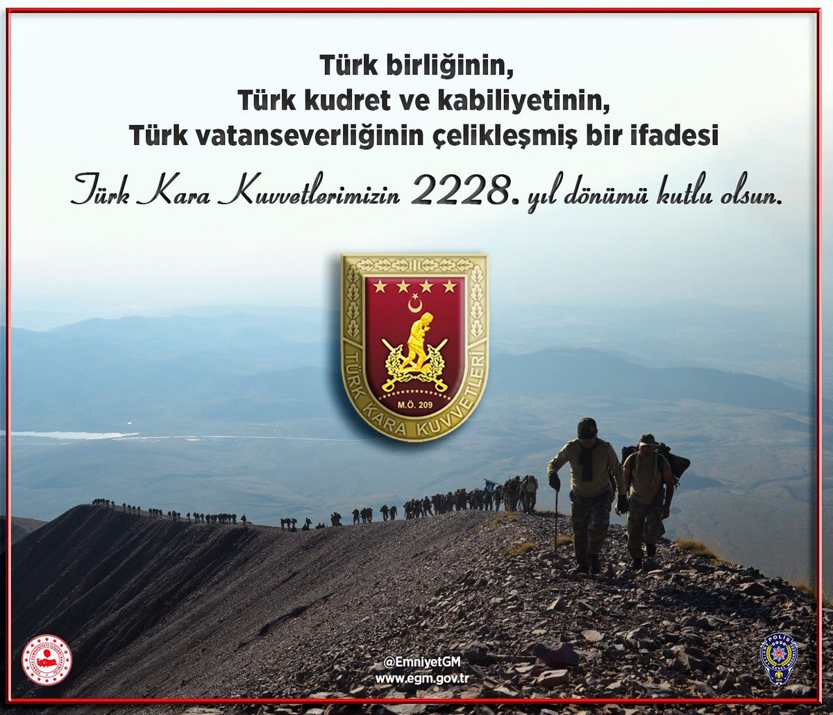 Büyük Hun Hükümdarı Mete Han’dan bu yana sayısız zaferlere imza atan Türk Kara Kuvvetlerimizin 2228’inci kuruluş yıl dönümü kutlu olsun..🇹🇷🇹🇷🇹🇷
<a href="/TSKGnkur/">TSK</a> #Türksilahlıkuvvetleri