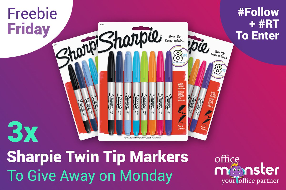 OfficeMonsterUK's tweet photo. #Win a pack of @Sharpie twin Tip markers. We have 3 packs to #Giveaway #Follow and #RT to enter #FreebieFriday #FridayFeeling ~ UK only #Winners announced on Monday #Competition #freebie #officemonster https://t.co/S8c4oL3dex
