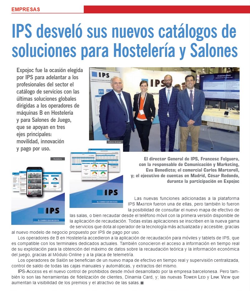 IPS_Informatica's tweet image. 📰 @jocprivat se hace eco de nuestro paso por #Expojoc2019 y de los nuevos catálogos de servicios que publicamos: 

🗞️ jocprivat.com/digital/7664-3…

♠️Salones de juego issuu.com/ipssoft/docs/i…

♣️Hostelería issuu.com/ipssoft/docs/i…