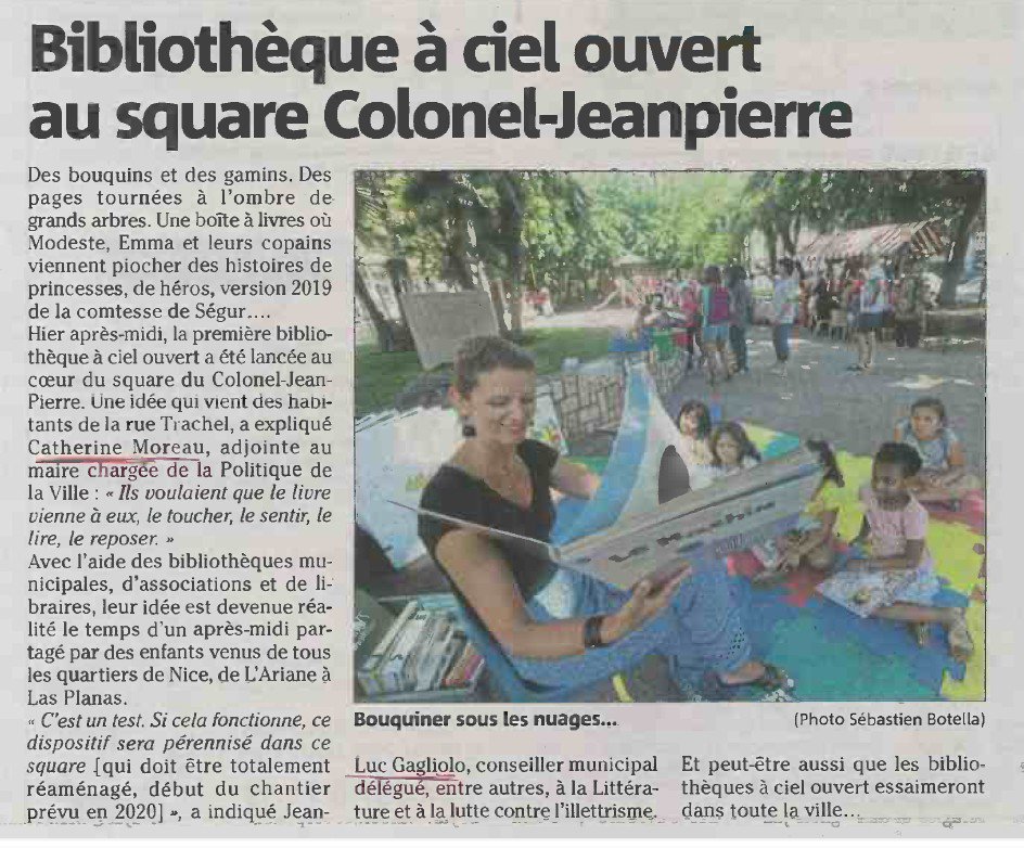 La presse en parle
"Bibliothèque à ciel ouvert"
nice matin 27 juin 2019