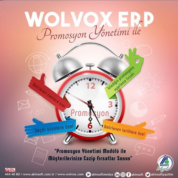 Wolvox ERP Promosyon Yönetimi ile Müşterilerinize Cazip Fırsatlar Sunun!
Detaylı bilgi: 0422 323 91 99
#wolvox #Erp #promosyon #yönetim #yazilim #software#management #eticaret #hızlısatış #mobilsatış#insankaynakları #mrp #marketyönetimi #muhasebe #crm#akinsoft
