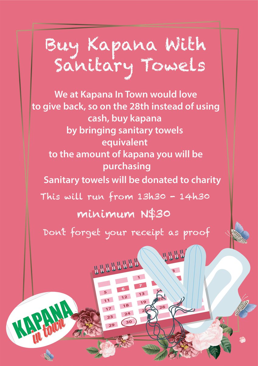 KapanaIntown's tweet image. Today we do it for the girl child &quot;Buy Kapana With Sanitary Towels&quot; .. See you from 13h00-14h00, please don&apos;t forget your receipts.. #KapanaInTown #freesalsa #kapana #food #change #girlchild #charity