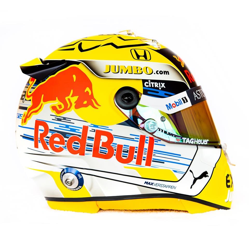 Max Verstappen’s special yellow Jumbo helmet for the 2019 Austrian GP. 📷 @redbullracing