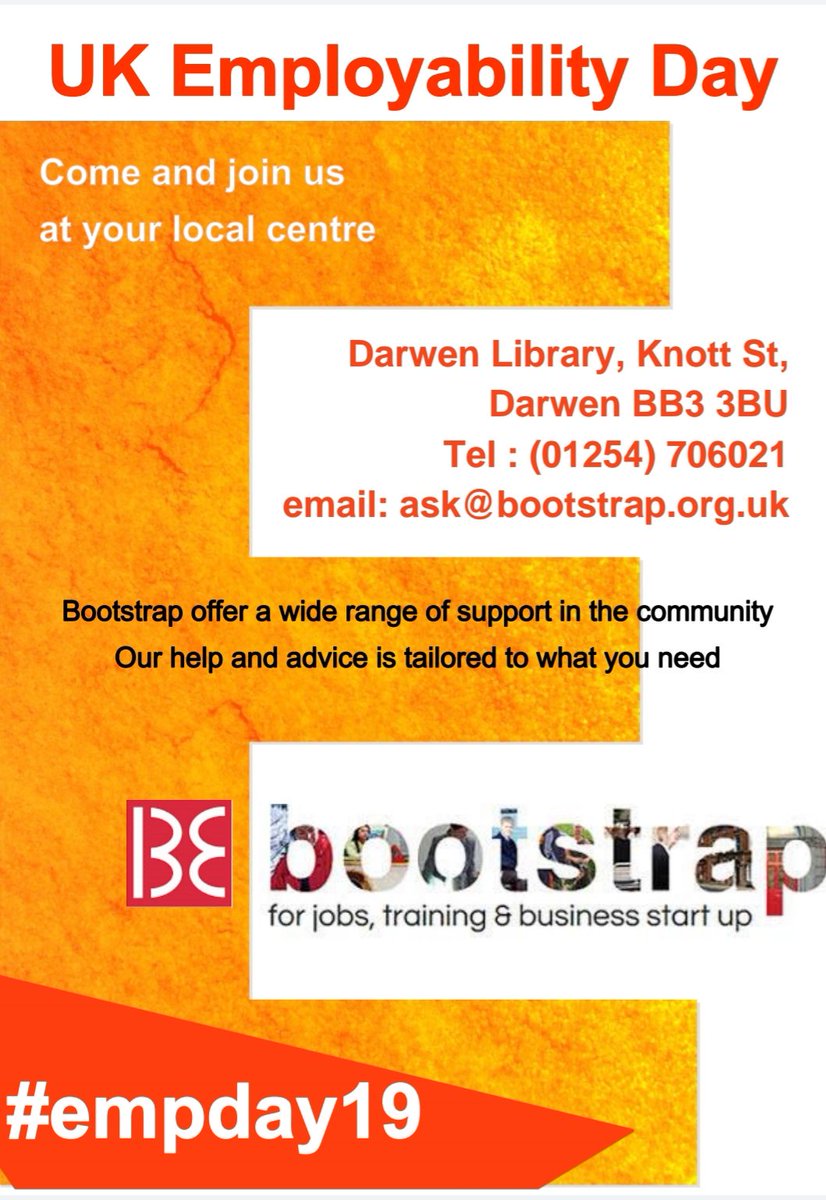 BlackburnCarers's tweet photo. Employability Day, please come and see Bootstrap at one of their centres

See flyers for more details 👇

#empday19 https://t.co/YTfV0lsMQM