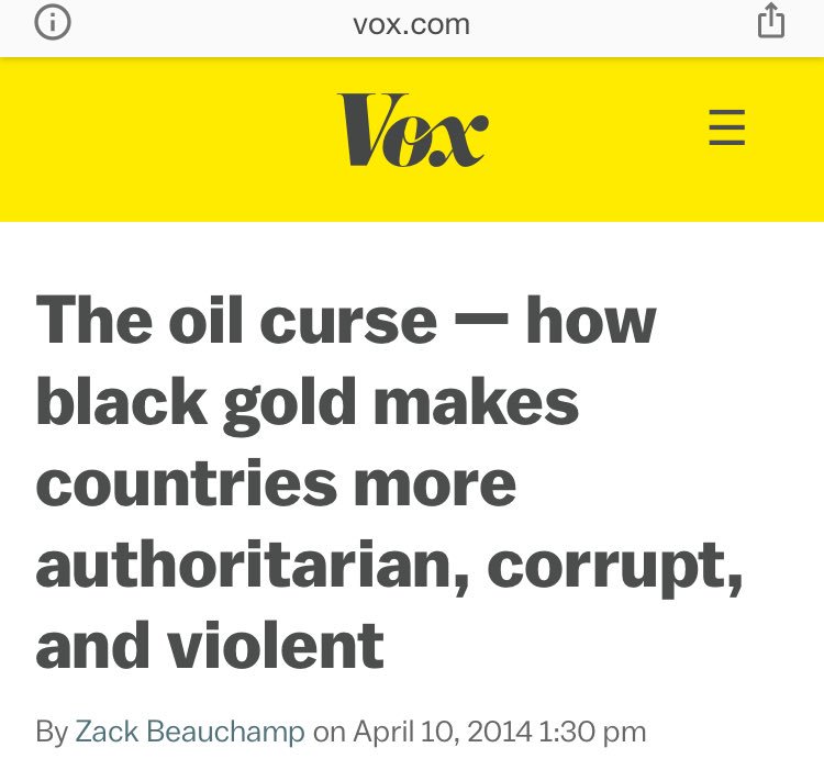 43/ I get it. Oil in its various forms used to win wars. Now, it causes cause wars, and cancer, and climate change and extinction. And it has another ill side-effect: it spawns dictators.  https://www.vox.com/2014/4/10/5601062/oil-curse-explained  @voxdotcom