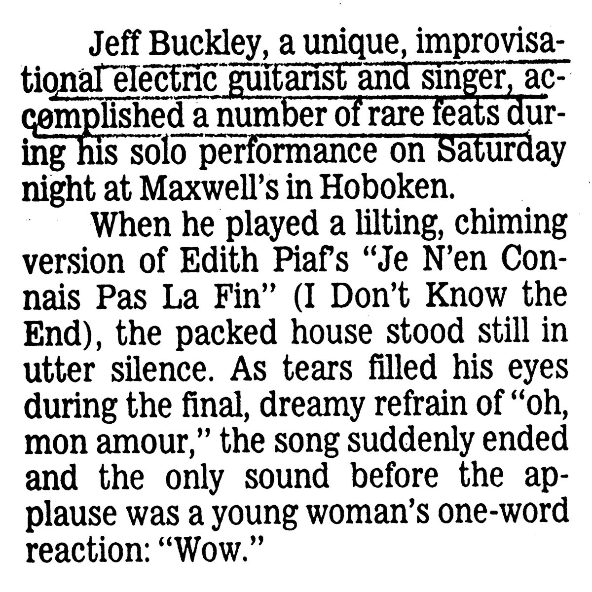 This music critic gives an inside look at Jeff Buckley’s intimate concert at Maxwell’s in Hoboken, NJ on February 26, 1994.