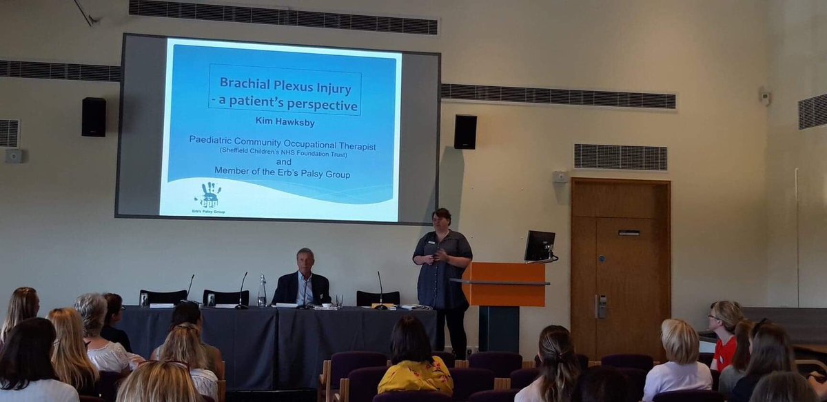 Here’s a photo of our wonderful group member and friend Kim presenting about ‘living with #obpp’ #erbspalsy study day 🤗