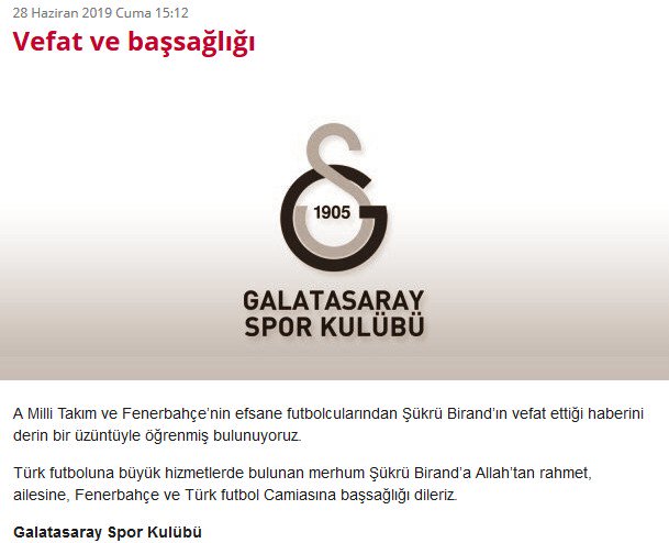 Galatasaray, Fenerbahçe ve Türk futbolunun efsane isimlerinden #ŞükrüBirand'ın vefatı için başsağlığı mesajı paylaştı.