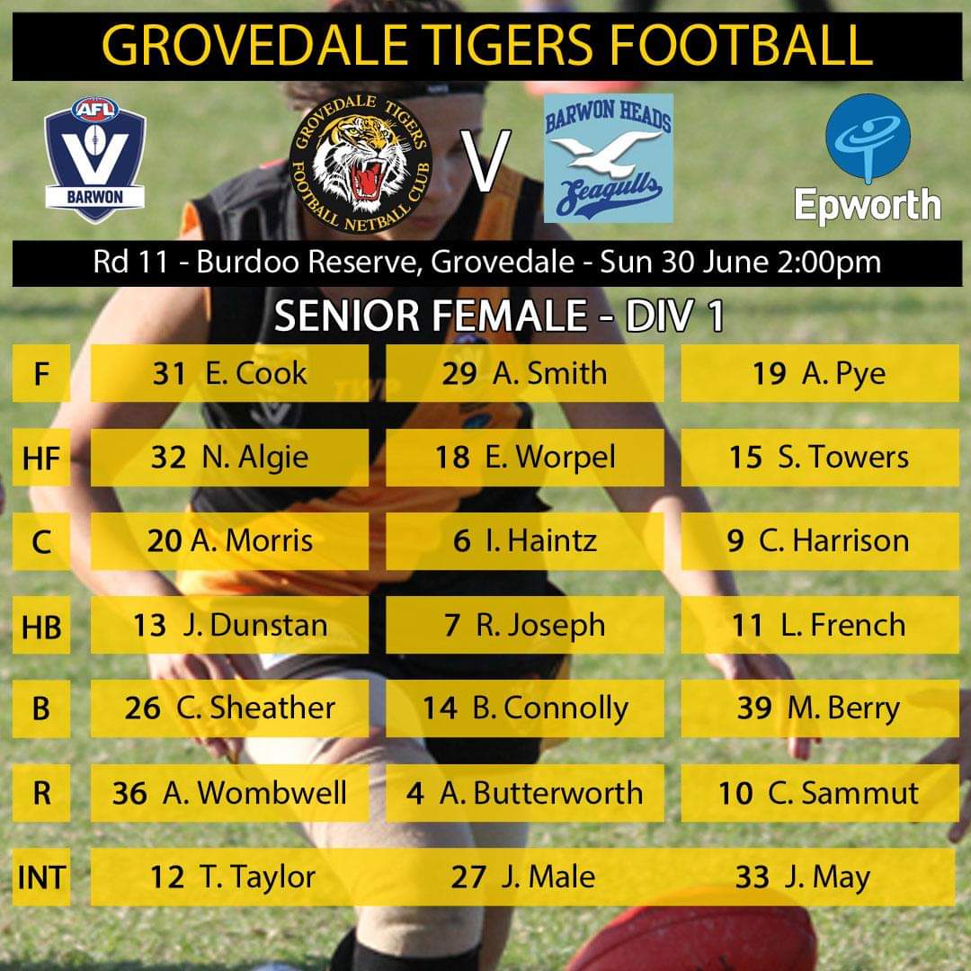 Sunday 30th June - <a href="/AFLBarwon/">AFL Barwon</a> Senior Female Div 1 <a href="/GrovedaleTigers/">Grovedale Tigers</a> v <a href="/BHFNCSeagulls/">Barwon Heads FNC</a> 
#AFLBarwonTigersSeagalls
