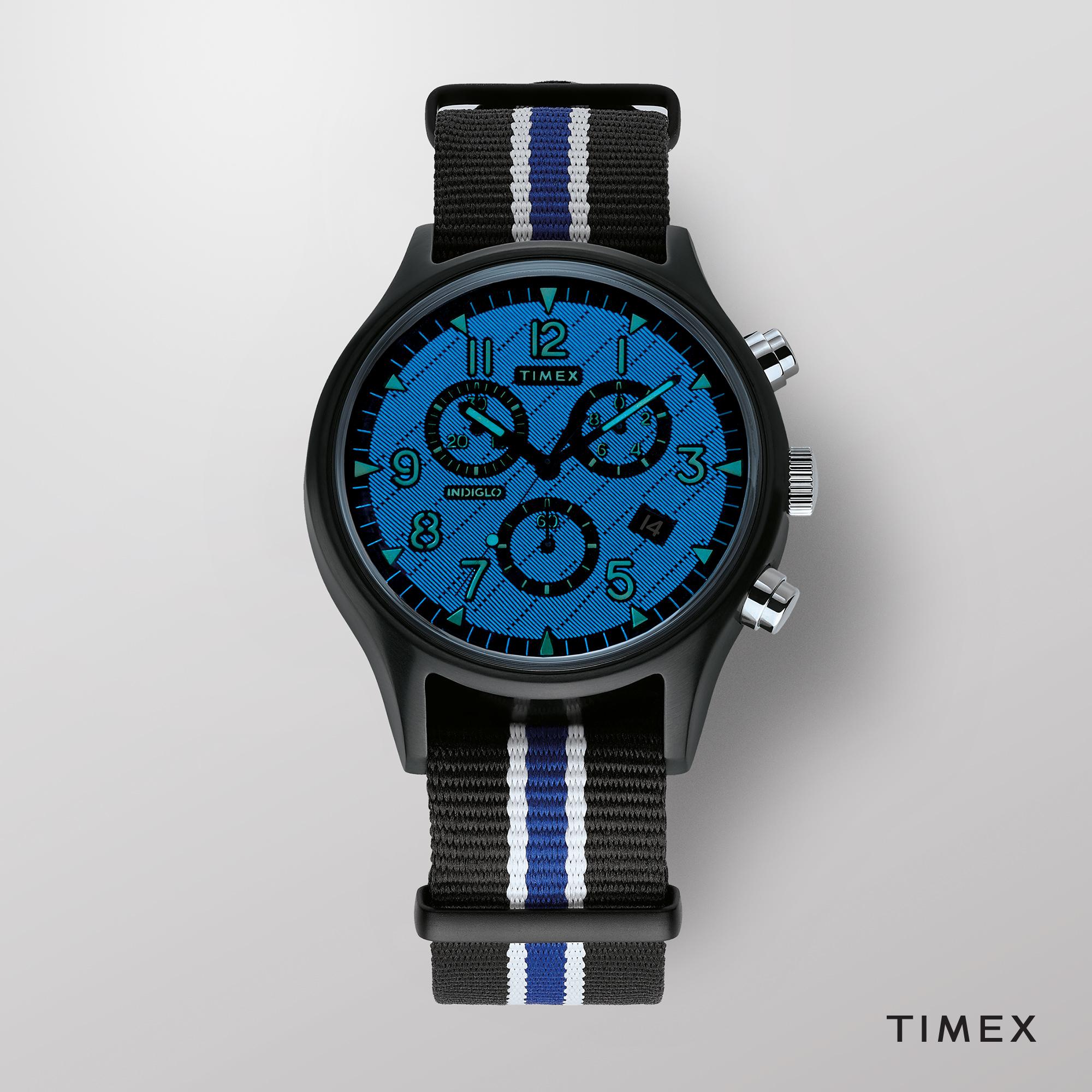 Timex on X Cool during the daytime. Even cooler in the dark. The unique INDIGLO backlight of our MK1 Supernova puts a bright new spin on our military inspired favorite. timex MK1