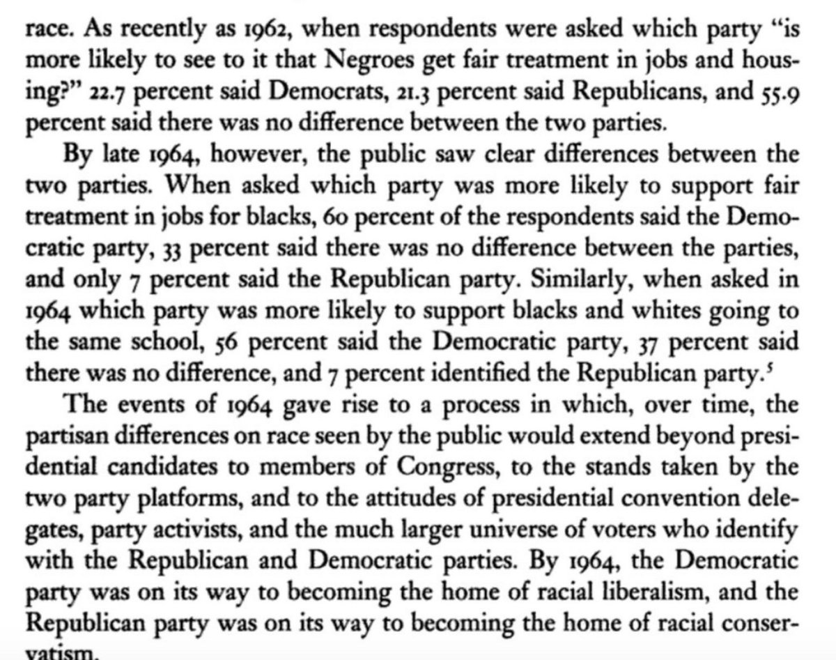 As a result of these changes, African American voters concluded that the old narrative about Republicans being "the party of Lincoln" was dead and gone.And so did Americans in general.  @edsall captures the abrupt shift in public attitudes and polling data here: