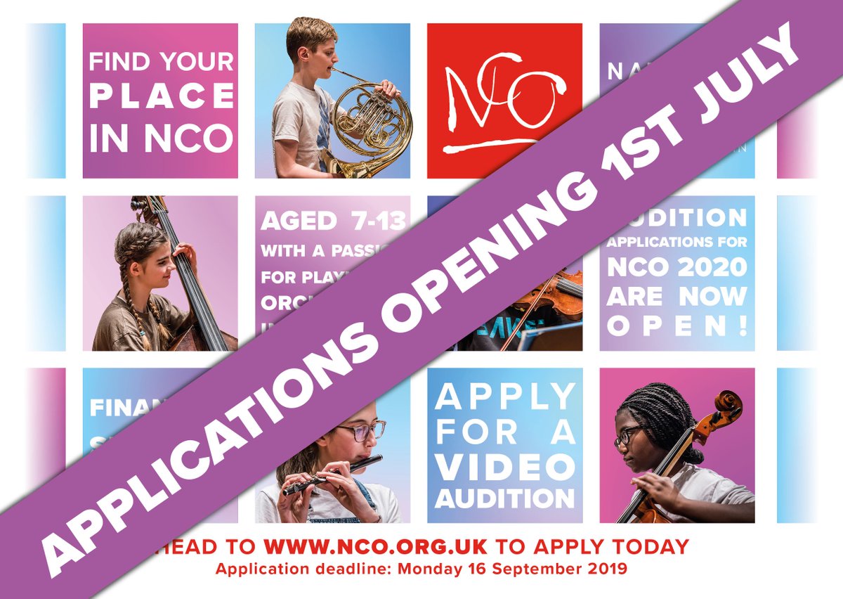 Audition applications for NCO 2020 are opening on Monday 1 July! Open to all young musicians in GB aged 7-13 years old 🔈Video auditions available🔈Proud to offer financial support 🔈nco.org.uk/join-in/auditi…