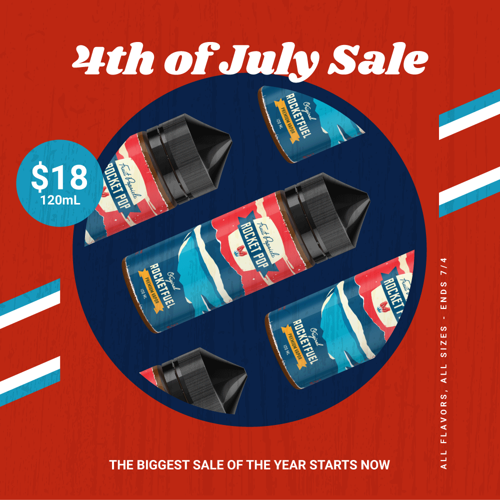 rocketfuelvapes's tweet photo. 4th of July Vapor Blowout starts today! 120mL bottles are just $18! Don't miss the biggest sale of the year - ends 7/4. #vaporsale #eliquidsale https://t.co/GPHvuAFNAz