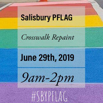 BuzzNicki's tweet photo. Salisbury made history in 2018 by introducing Maryland’s first Rainbow Crosswalk. Sponsored by @PFLAGSalisbury come join us to make history again on June 29th. https://t.co/dAmtbPwMFv #sbypflag, #pflag, #rainbowcrosswalk, #pridemonth, #pridemonth2019 #lgbtpride, #Pflagsalisbury https://t.co/OOFRAX5lov
