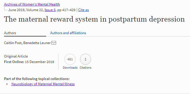 AWMH_Journal's tweet photo. In our June Issue: The maternal #reward system in #postpartum #depression by Post and Leuner. In the Neurobiology of Maternal Mental Illness Topical Collection. Check it this review out for info #PPD #dopamine #maternalbrain #maternalbehavior #oxytocin . https://t.co/AJ4ZCBQNcf https://t.co/bDo7RjScQM