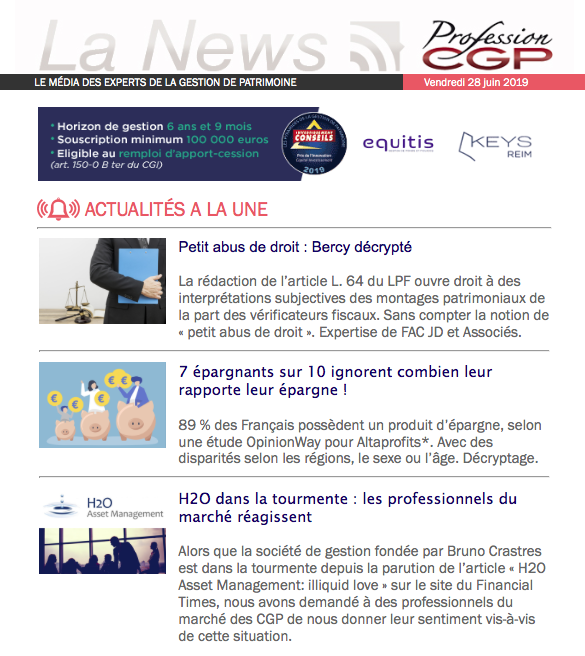 ProfessionCGP's tweet photo. [#VendrediLecture] #CGP, malgré la #canicule, l'actu en #GestionDePatrimoine ne s'arrête jamais ! La News Hebdo dresse le récap' de l'info qu'il ne fallait pas manquer 
➡️https://t.co/WG8vJOvcHJ

#AbusDeDroit #immobilier #SCPI #Assetmanagement #H2OAM #fintech #epargne #succession https://t.co/EhVxHgDGpC