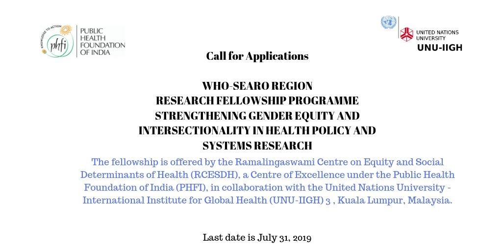 thePHFI's tweet photo. Applications open for a Research Fellowship Programme:  18-month fellowship programme on “Strengthening Gender Equity and Intersectionality” in Health Policy and Systems Research (HPSR). @thePHFI @@UNU_IIGH @WHOSEARO   @AllianceHPSR @gita_sen #research #fellowship #publichealth https://t.co/NHPrmPSwAi