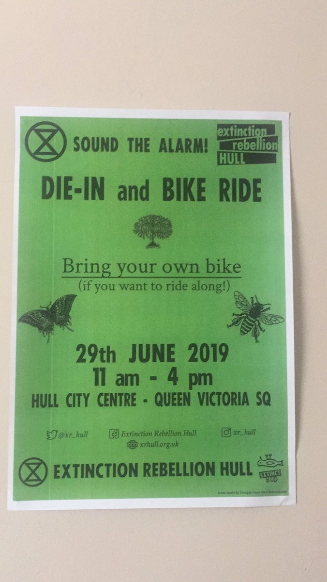 24 HOURS TO GO BEFORE REBELLION STRIKES. ⏳ JOIN #XRHull IN VICTORIA SQUARE tomorrow from 11am-4pm! 

#SoundTheAlarm ⏰🚨 for SYSTEM CHANGE.🗣

 #XRBikeRide 🚲#DieIn ☠️ 

#ExtinctionRebellion #SinkOrAct #HullUnderwater 🌊

facebook.com/events/2287486…