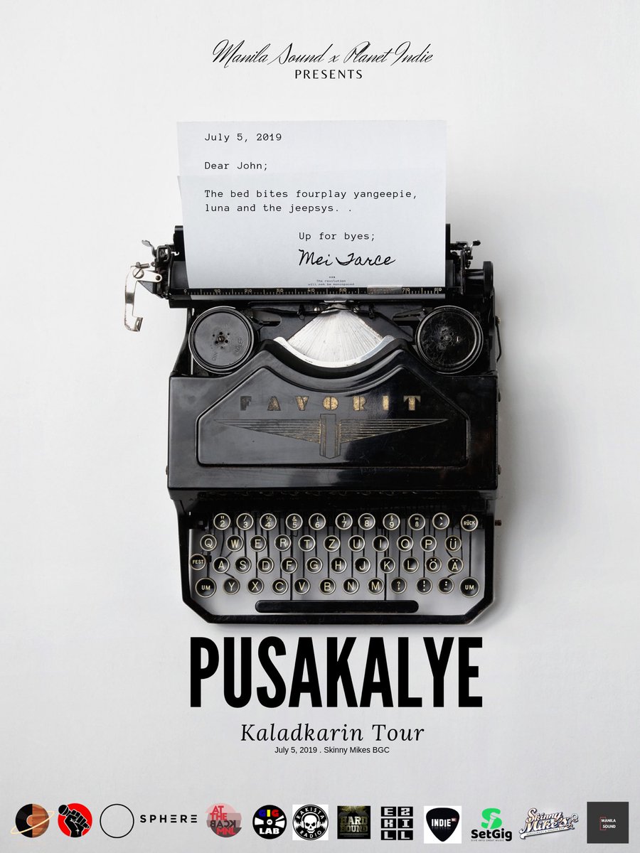 <a href="/TheManilaSound/">Manila Sound</a> x Planet Indie
presents:

Pusakalye: Kaladkarin Tour ( First Leg)

Performances by: 

Dear John
Mei Tarce
<a href="/thebedbites/">Istasyon ng Sunflower - Sunflower Station Fandom</a> 
@TheJeepsys 
<a href="/yangeepie/">Yangee Pie</a> 
<a href="/upforbyesph/">Up For Byes</a> 
<a href="/FourPlayMNL/">FourPlay</a> 

July 05, 2019 at Skinny Mikes BGC
FREE ENTRANCE
FREE ENTRANCE
