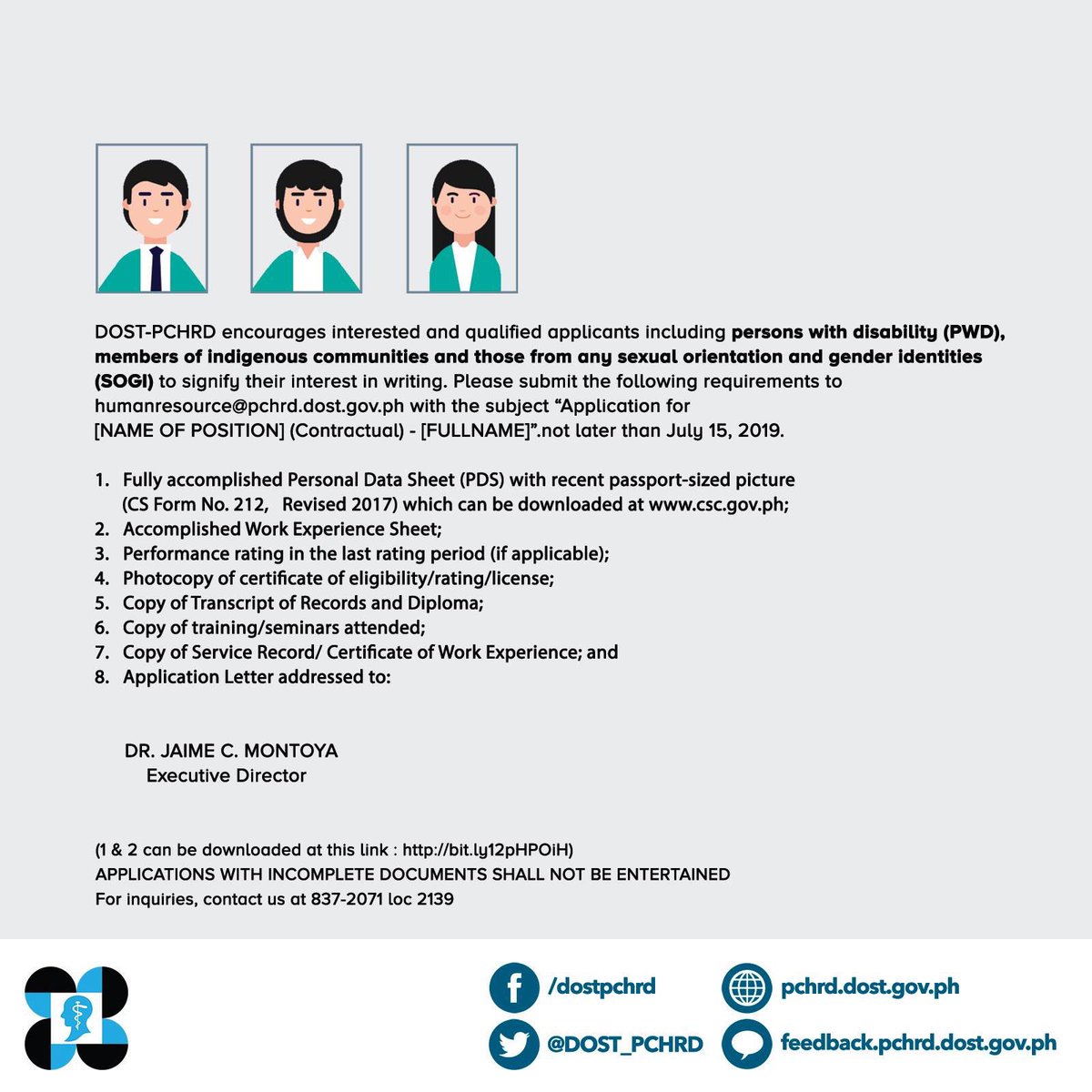 DOST PCHRD (@dost_pchrd) on Twitter photo Be a part of our team!
Deadline of applications is on July 15, 2019.
For inquiries, you may call 837-2071 loc. 2139 or email humanresource@pchrd.dost.gov.ph or pchrd.fad.hr@gmail.com
#jobhiring #healthresearchph #dostpchrd Be a part of our team!
Deadline of applications is on July 15, 2019.
For inquiries, you may call 837-2071 loc. 2139 or email humanresource@pchrd.dost.gov.ph or pchrd.fad.hr@gmail.com
#jobhiring #healthresearchph #dostpchrd